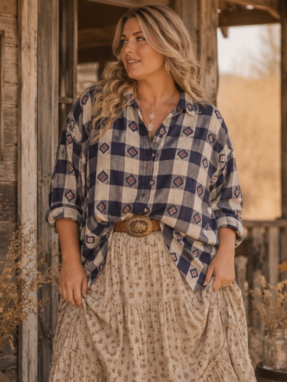 Vintage Embroidered Plaid Button Down Top